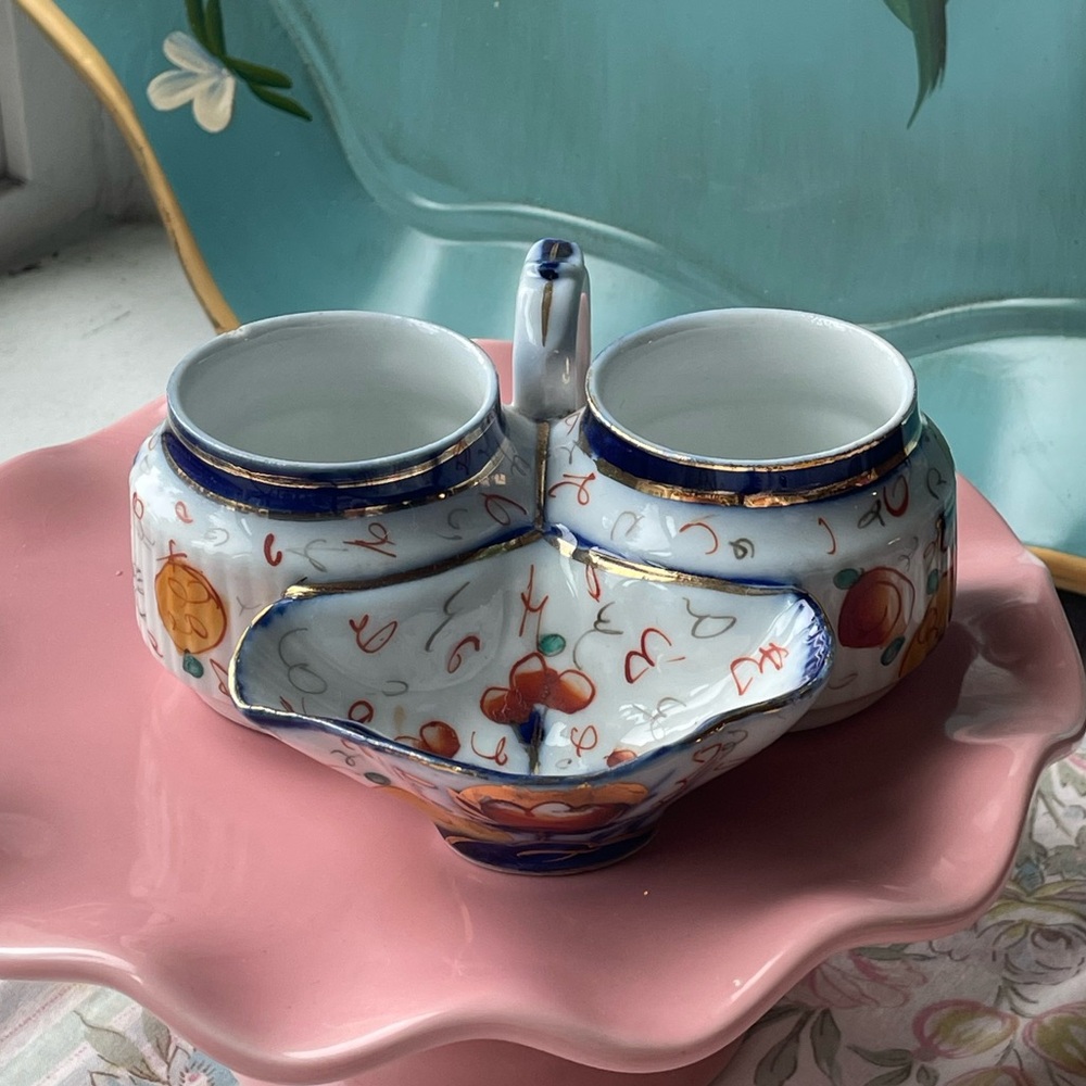 Vintage condiment service Imari Style porcelain, hand painted with gold accents